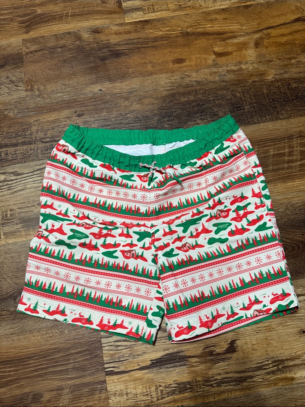 Magellan Outdoors Red, Green, White Holiday Print Swim Trunks
